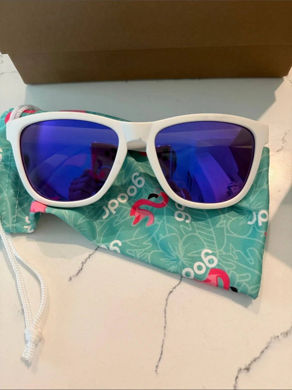 Goodr 1 White Frame Sunglasses with Blue Purple Mirrored Lenses - Picture 2 of 8